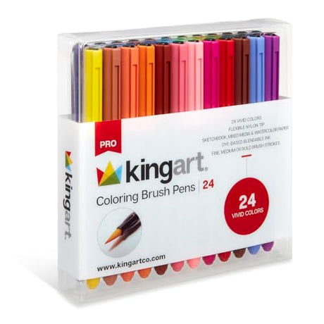 KINGART Pro, Water-Based Ink, Set of 24 Unique & Vivid Colors Brush Pens, Assorted 24 Piece KINGART