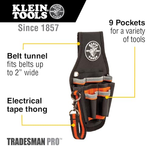 Klein Tools 5240 Tool Pouch, Tradesman Pro Maintenance Tool Pouch with 9 Pockets, Tape Thong, 2-Inch Tunnel Loop, Great Electrician Holster Klein Tools