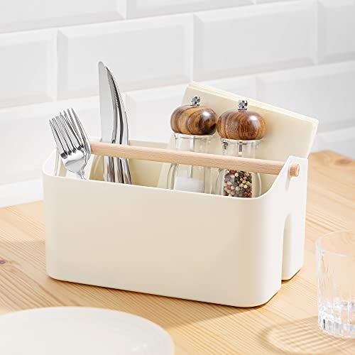 Navaris Organizer Caddy with Wood Handle - Storage Holder with 2 Compartments for Makeup Nursery Desk Bathroom 10.4" x 6.5" x 5.9" - Cream