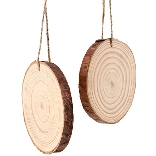 JOIKIT 50PCS 3.5-4 Inches Natural Wood Slices Bulk, 2/5" Thick Unfinished Natural Wood Circles with Pre-drilled Hole and Bark for Craft Arts, JOIKIT