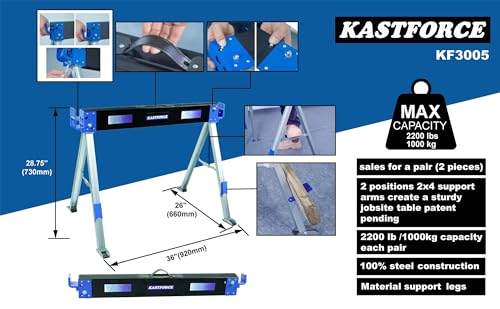 KASTFORCE Folding Sawhorse 2200 lb /1000kg capacity Heavy Duty Jobsite Table Stand with Folding Legs Twin Pack KF3005 - WoodArtSupply