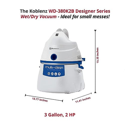 Koblenz WD-380K2B Portable Wet-Dry Vacuum, 3 Gallon 2.0HP w/Adjustable Floor Tool, Designer Series, White-5 Year Warranty - WoodArtSupply