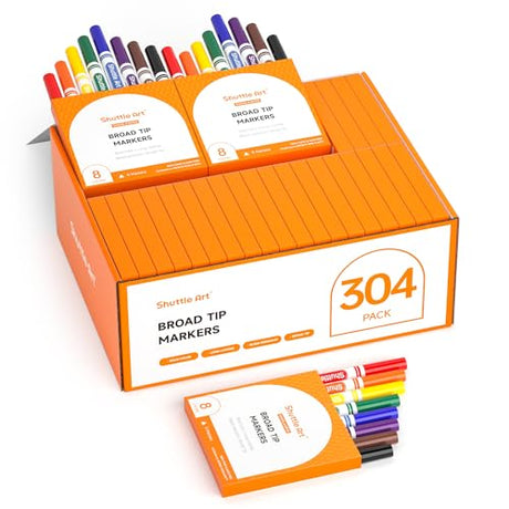 Shuttle Art 304 Pack Washable Markers, 8 Colors Broad Line Markers, Separate Pack of 38, Conical Tip Marker Bulk with a Box, Home Classroom School Shuttle Art
