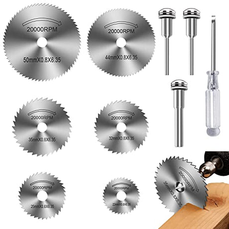Drill Saw Blades for Dremel Rotary Tool 6Pcs HSS Saw Disc Wheel Cutting Blades with 2Pcs 1/8" Round Shank,1Pcs 1/4" Round Shank for Wood Plastic FOTYBEI