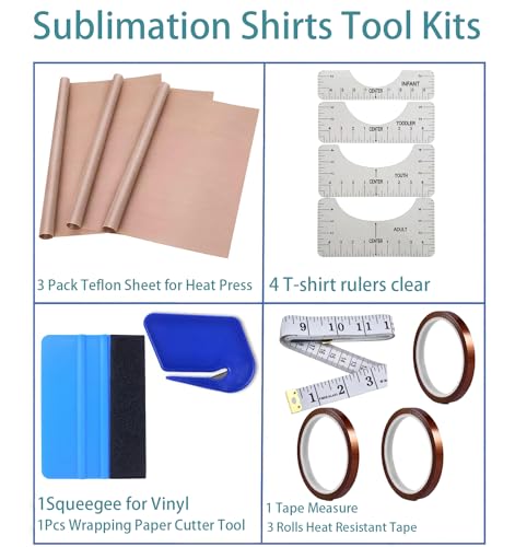 YOUlDIANZI Sublimation Shirts Tool Kits - 4 T Shirt rulers, 3Pack Teflon Sheet for Heat Press 16 x 20in - 3 Rolls Heat Resistant Tape,1 Tape YOUlDIANZI