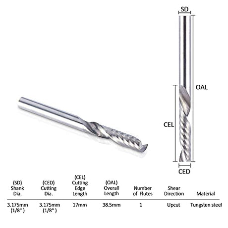 HQMaster 1/8 Shank CNC Router Bits Inch Shank 3.175mm End Mill Single Flute Spiral Router Bit Milling Cutter Upcut Cutting Engraving Single Edged HQMaster