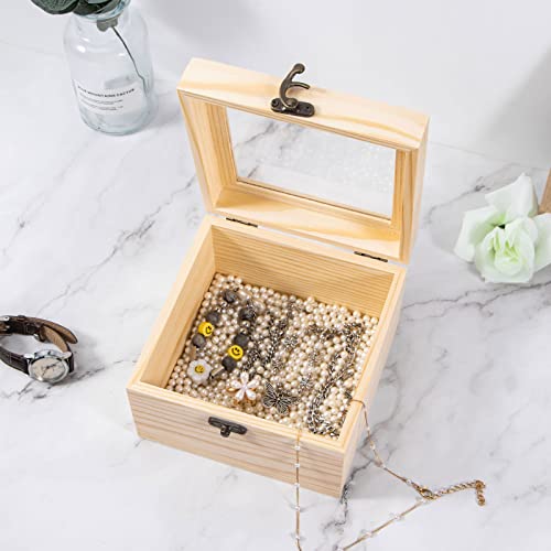 Useekoo Wooden Box with Hinged Lid, 5.9'' x 5.9'' x 3.9'' Unfinished Wood Keepsake Storage Box with glass lid, Wooden Jewelry Box for Gift and Home