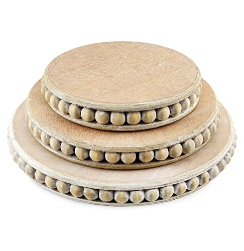 AuldHome Farmhouse Beaded Pedestal Tiered Stands (3-Piece Set, Unfinished); Rustic Wood Beaded Tray Stack - WoodArtSupply