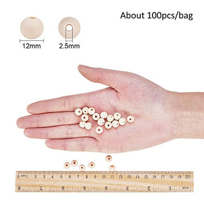 PH PandaHall Wooden Beads, 100pcs 12mm Unfinished Natural Round Wooden Spacer Beads Round Ball Wooden Loose Beads for Necklace Bracelet Hair Braids
