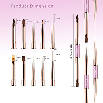 Nail Art Brushes, WLOT Nail Art Tools Double Ended Nail Art Design Pen, Builder Gel Brush, Striping Nail Art Brushes for Long Lines, 3D Nail Drawing