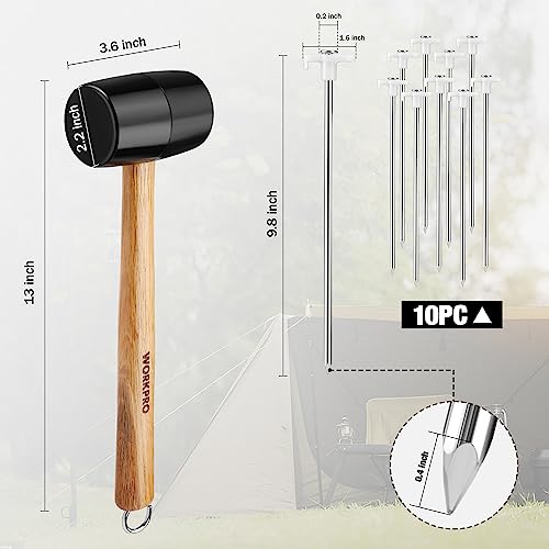 WORKPRO Tent Stakes and Hammer Set, 16oz Rubber Mallet Hammer, Wooden Handle, 10PC Heavy Duty Metal Tent Stakes and Storage Bag, DIY Woodworking, WORKPRO