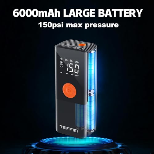 Teffim Portable Tire Inflator - Car Air Compressor with Digital Pressure Gauge - 150 PSI - Motorcycle, Electric Bike, and Bicycle Pump with LED Light Teffim