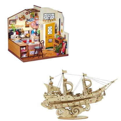 Rowood 3D Wooden Puzzles for Adults, DIY Sailing Ship Bundle Homey Kitchen Mini House,Gifts for Teens on Christmas
