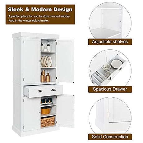 VINGLI 72-Inch White Storage Cabinets with Drawers, Freestanding Pantry Cabinets with Doors and Shelves Adjustable, Wood Farmhouse Kitchen Pantry VINGLI