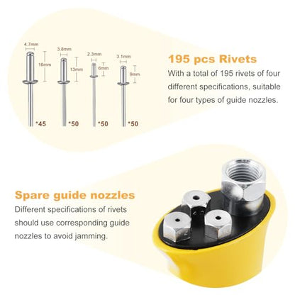 Consfly Pneumatic Rivet Gun, Dual Cylinder Design Air Riveter, 3/32", 1/8", 5/32", 3/16" and 1/4" Capacity, Stronger Pulling Force, Heavy Duty Pop - WoodArtSupply