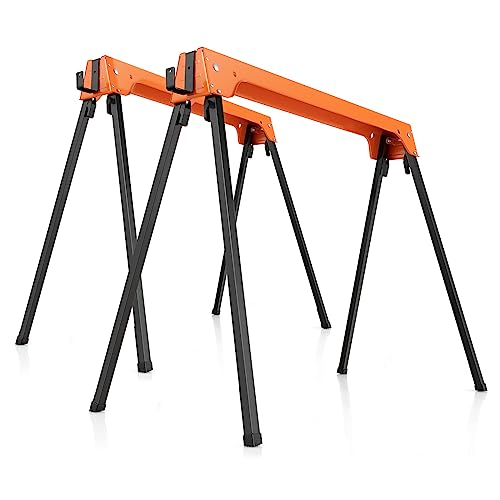 ERGOMASTER Saw Horses 2 Pack Folding, Lightweight Saw Horse with 2x4 Detachable Support Arm, 1322 Lbs Weight Capacity of Per Sawhorse, Portable - WoodArtSupply