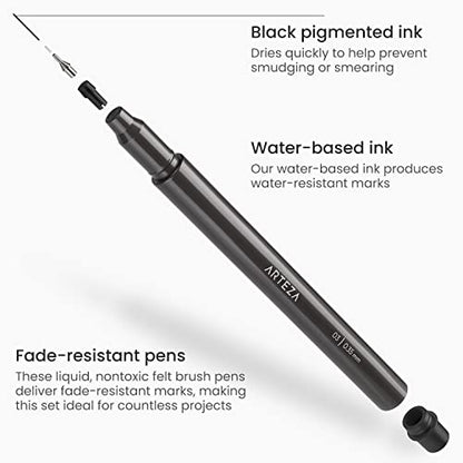 ARTEZA Micron Pens, Set of 10 Black Ink Archival Fineliners, Quick-Dry, Assorted Sizes Calligraphy Pens (from 0.2mm to 7.9mm), Smudge-Proof