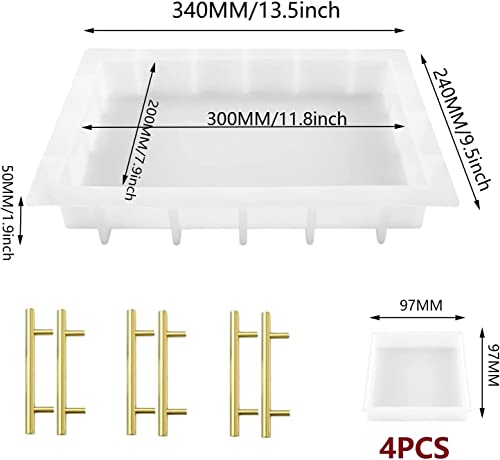 13.5" Rectangular x 2" Deep Large Tray Mold and 4 Deep Resin Coaster Molds and 3 Pairs Gold Handles, Silicone Tray Board Table Clock Mold for Epoxy ModWgGuo