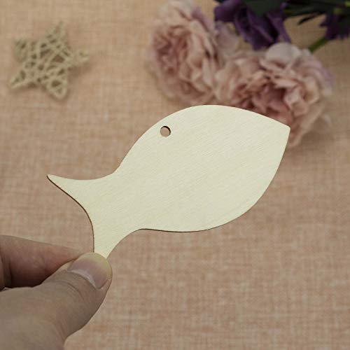 JANOU 20pcs Fish Shape Unfinished Wood Cutouts DIY Crafts Blank Hanging Gift Tags Ornaments with Ropes for Summer Ocean Sea Theme Party Decoration,