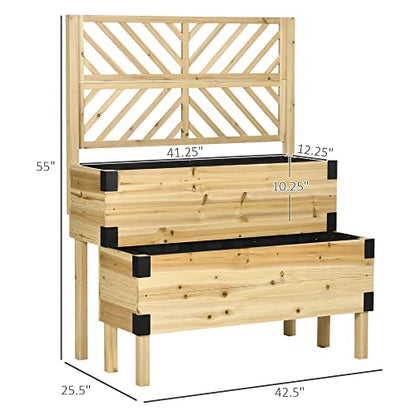 Outsunny Raised Garden Bed with Trellis, 2 Tier Wooden Elevated Planter Box with Legs and Metal Corners, for Vegetables, Flowers, Herbs, Natural