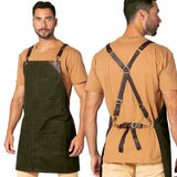 Under NY Sky Cargo Green Apron – Cross-Back with Leather Straps, Heavy-Duty Waxed Canvas and Split-Leg – Adjustable for Men and Women – Pro Under NY Sky