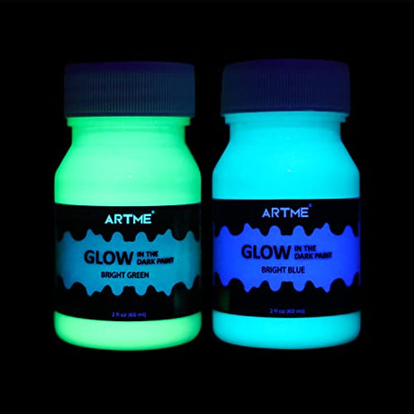 ARTME Glow in The Dark Paint, Glow Paint Set of Green and Blue Colors (60ml/2oz, each), Acrylic Glow in The Dark Paint Perfect for Art Painting, DIY Artme