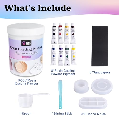 LET'S RESIN Resin Casting Powders Starter Kit, 1000g Fast Cured Odorless Casting Powder, 20~30 Minutes De-Mold, Water Activated Plaster Powder LET'S RESIN