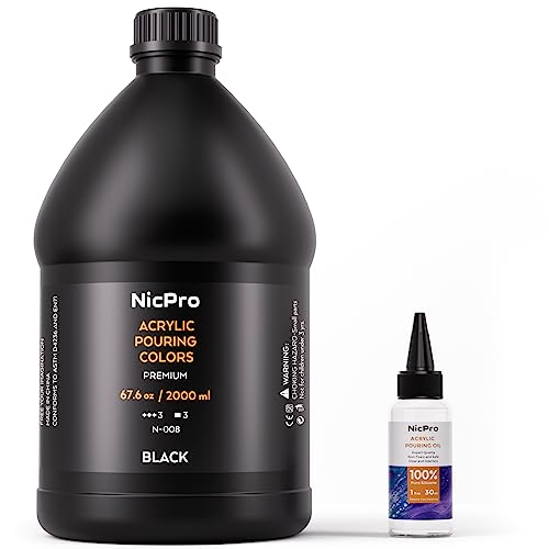 Nicpro Jet Black Color Acrylic Pour Paint, 67.6 Ounce Pre-Mixed Pouring Paint Supplies with Silicone Pour Oil & Gloves for Canvas, Rock, Wood Cell Nicpro