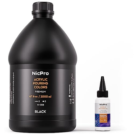 Nicpro Jet Black Color Acrylic Pour Paint, 67.6 Ounce Pre-Mixed Pouring Paint Supplies with Silicone Pour Oil & Gloves for Canvas, Rock, Wood Cell Nicpro
