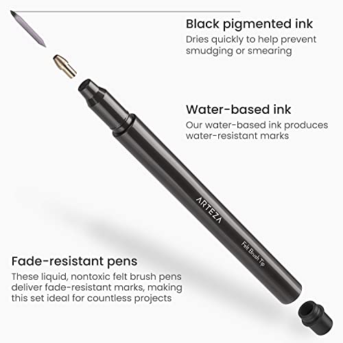 ARTEZA Felt-Tip Brush Pens, Set of 12 Nontoxic Black Marker Pens, Quick-Dry and Smear-Proof, Art Supplies for Sketching, Lettering, and Calligraphy ARTEZA