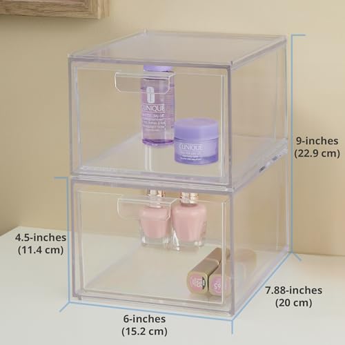 STORi Audrey Stackable Clear Bin Plastic Organizer Drawers | 2 Piece Set | Organize Cosmetics and Beauty Supplies on a Vanity | Made in USA STORi
