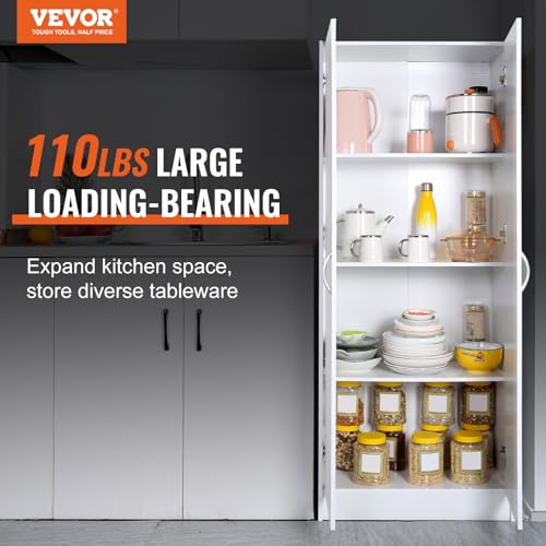 VEVOR Food Storage Cabinet, Freestanding Pantry with 2 Adjustable Shelves Engineered Wood Utility for Kitchen, Laundry, Dining Room, White VEVOR