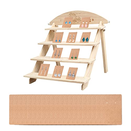 4-Tier Wooden Jewelry Display Rack Wood Earring Display Stand Retail Jewelry Card Display Stand with Groove and 50 Earring Cards Portable Earring