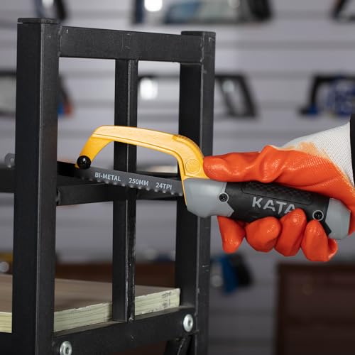 KATA Hacksaw, Compact Hand Operating Hack Saw with 10 Inch Aluminum Frame and 2 Piece Extra Flexible Bi-Metal HSS Blades, Suitable for Wood and Metal KATA