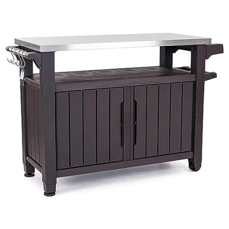 Keter Unity XL Outdoor Kitchen Island Rolling Cart Bar Table & Storage Cabinet, Grill Station with Utensil Hooks for Grilling Accessories, Brown Keter