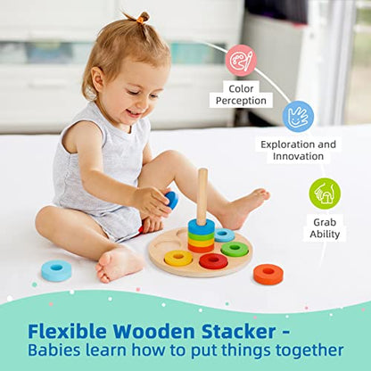 TOOKYLAND Montessori Toys for 1 Year Old, 8 in 1 Learning Educational Set Wooden Toys (Includes Stacking Cups, 3 in 1 Educational Box, Pound Bench,