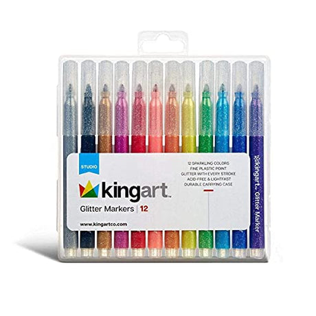 KINGART GLITTER MARKERS 12 Sparkling Colors with Gold & Silver, Non-Toxic Water Based Glitter Pens Writes on Multiple Surfaces with Bullet tip for KINGART