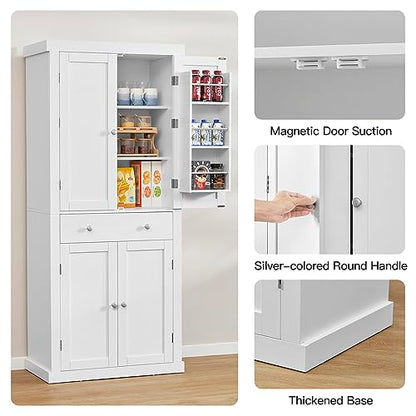 usikey 72” Kitchen Pantry Cabinet, Tall Storage Cabinet with 4 Doors and 1 Drawer, Freestanding Cupboard with 6 Hanging Shelves and Adjustable - WoodArtSupply