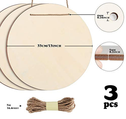 Lemonfilter 3 Pieces Wood Circles for Crafts 13inch Thick 0.2'', Unfinished Wood Rounds Wooden Cutouts for Crafts, Door Hanger, Door Design, Wood
