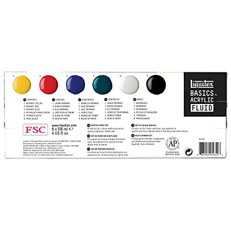 Liquitex BASICS Acrylic Fluid Paint, 6 x 118ml (4-oz.) Bottle Set Liquitex