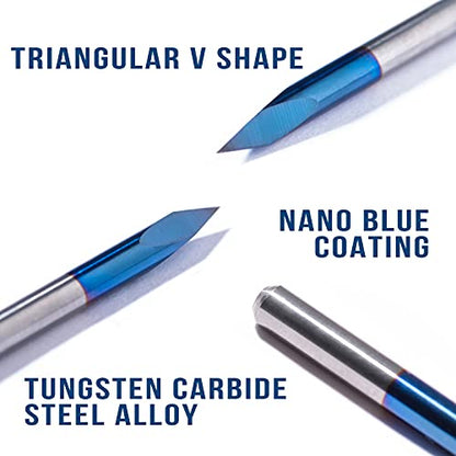 10pcs Triangular CNC Router Bits V-Bit, 30 Degree 0.1mm Engraving Bits, 1/8” Shank Nano Blue Coating Sharp Pyramid Bits for Acrylic Wood MDF Aluminum