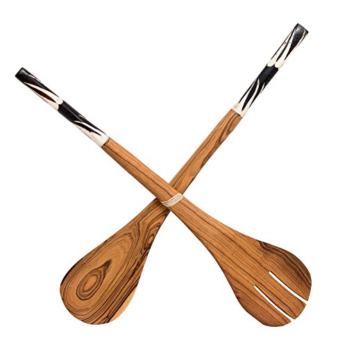 Olive Wood Salad Server Set in an eco-friendly Gift Bag – 2 Piece Fair Trade, Large Wooden Salad Server Spoons. Hand Carved & Beautifully Designed in African Inspired Design