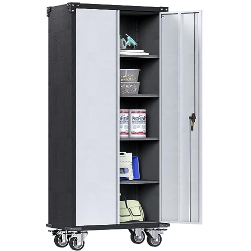 JAORD Rolling Metal Storage Cabinet with Locking Doors and 4 Adjustable Shelves, Garage Cabinets with Wheels for Garage, Office, Kitchen, Laundry &