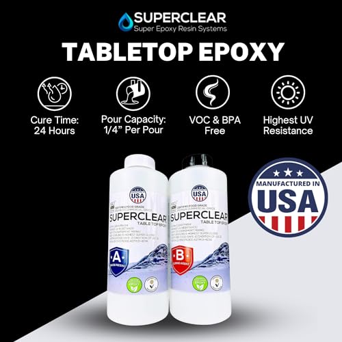 Superclear Table Top Epoxy Resin, 2 Quart Epoxy Kit - Certified Food Grade 1:1 Protective Epoxy Resin for River Tables, Live Edge Tables, Bar Tops, FGCI