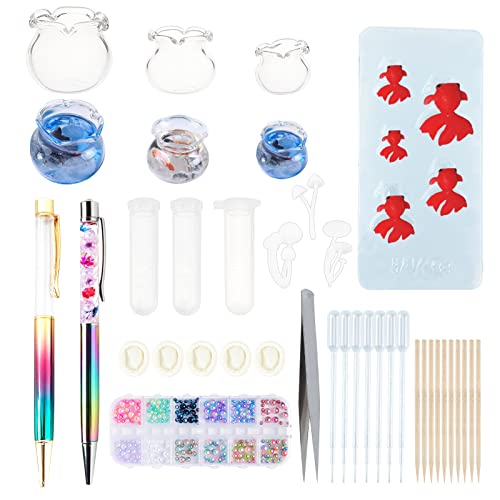 OLYCRAFT 55PCS Miniature Koi Fish Mold Ballpoint Pens Shaker, Glass Goldfish Bowl, Pearl, Mushroom Botanical Terrarium Craft Set for Resin Craft OLYCRAFT