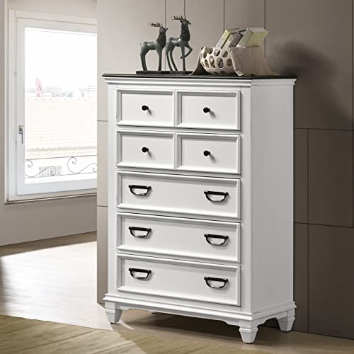 Roundhill Furniture Clelane Wood Bedroom Set with Shiplap Panel Bed, Dresser, Mirror, Two Nightstands, and Chest, Queen, Weathered White and Walnut Roundhill Furniture