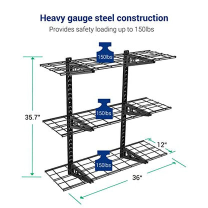 Fleximounts 3-Tier 1x3ft Garage Storage Wall Shelving 12-inch-by-36-inch per Shelf Height Adjustable Floating Shelves (Black) - WoodArtSupply