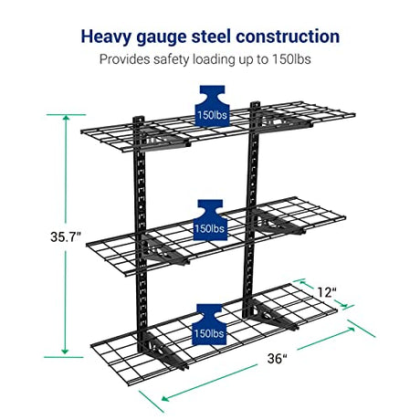 Fleximounts 3-Tier 1x3ft Garage Storage Wall Shelving 12-inch-by-36-inch per Shelf Height Adjustable Floating Shelves (Black) Fleximounts