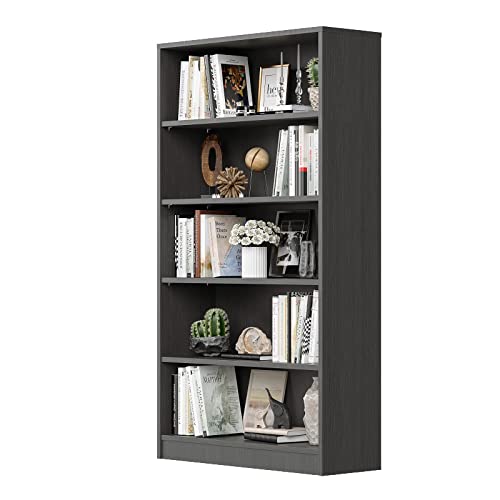 Wood Bookcase 5-Shelf Freestanding Display Wooden Bookshelf for Home Office School (11.6" D*33" W*59.8" H,Grey) Sunon