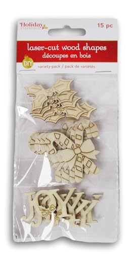 Christmas Icons - Unfinished Laser Cut Out Wooden Shapes for Crafting - Natural Wood - 15 Pieces (Holly, Candy Canes, Joy) - WoodArtSupply